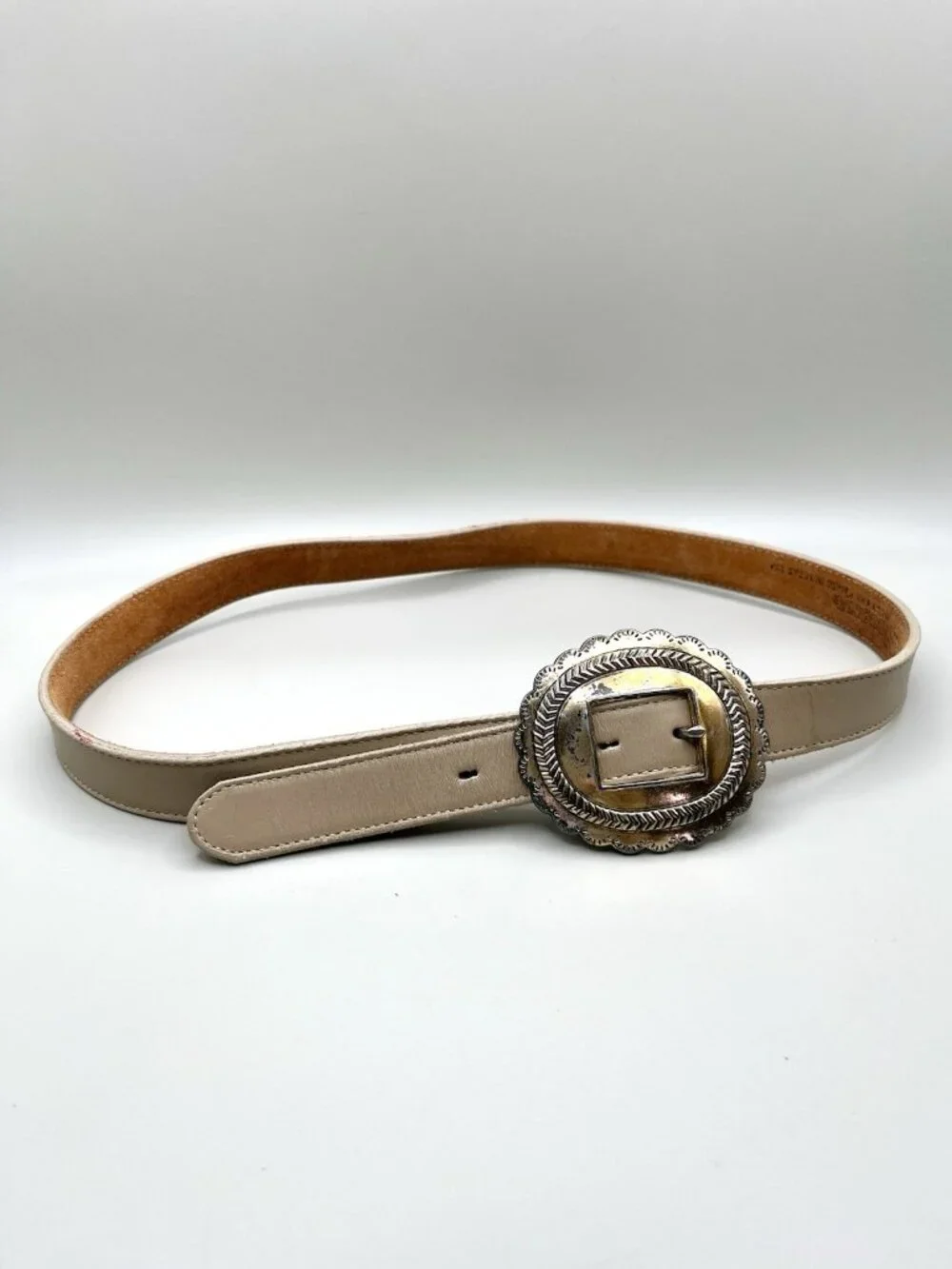 Vintage Nocona Western Beige Leather Belt Size 32 Concho Buckle Cowgirl Rustic